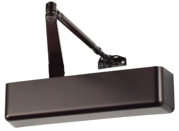 Falcon - Push & Pull Side Mount, Medium Duty Multi Size ADA Compliant Door Closer Full Cover Power Operated Damper - Nonhanded, Dark Bronze Finish - Exact Tool & Supply