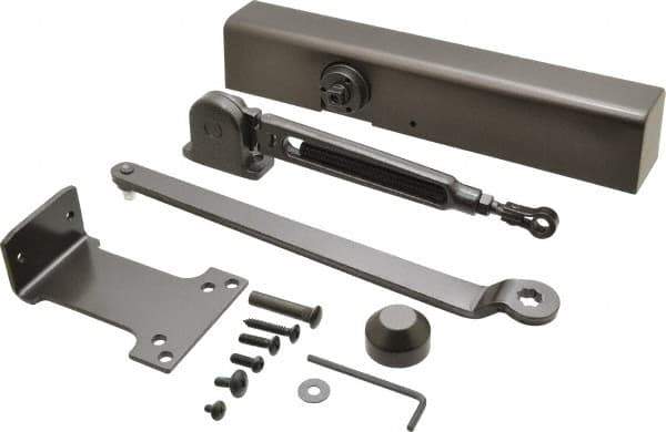 Falcon - Push & Pull Side Mount, Medium Duty Multi Size Hold Open Door Closer Full Cover Power Operated Damper - Nonhanded, Dark Bronze Finish - Exact Tool & Supply