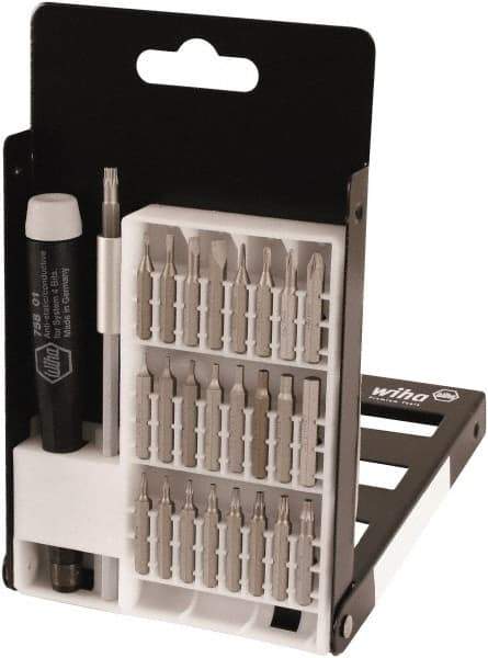 Wiha - 27 Piece, 4mm Drive Screwdriver Micro Bit Set - #000 to #1 Phillips, 0.7 to 4mm Hex, T3 to T15 Torx, 1.5, 2, 3 & 4mm Slotted - Exact Tool & Supply