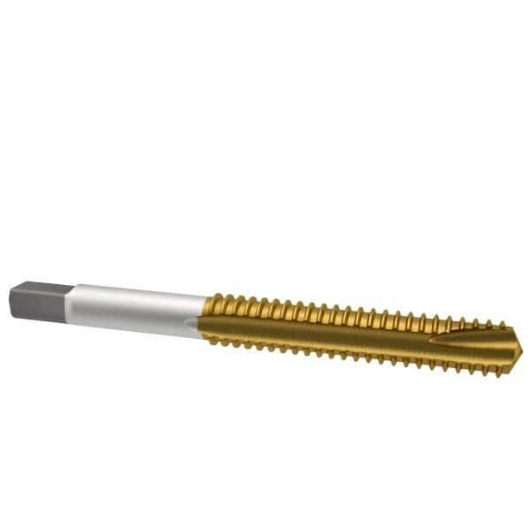 Kennametal - M10x1.50 Metric Coarse, 3 Flute, TiN Finish, High Speed Steel Spiral Point Tap - Plug Chamfer, Right Hand Thread, 2-15/16" OAL, 1-1/4" Thread Length, 0.381" Shank Diam, 6H Class of Fit, Series 2351T - Exact Tool & Supply