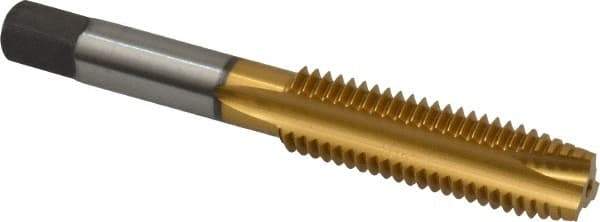 Kennametal - M12x1.75 Metric Coarse, 3 Flute, TiN Finish, High Speed Steel Spiral Point Tap - Plug Chamfer, Right Hand Thread, 3-3/8" OAL, 1.656" Thread Length, 0.367" Shank Diam, 6H Class of Fit, Series 2351T - Exact Tool & Supply