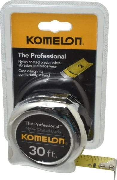 Komelon - 30' x 1" Yellow Blade Tape Measure - 1/16" Graduation, Inch Graduation Style, Silver Case - Exact Tool & Supply