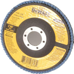 DeWALT - 60 Grit, 4-1/2" Disc Diam, 7/8" Center Hole, Type 27 Zirconia Alumina Flap Disc - 13,300 Max RPM, Fiberglass Backing, Arbor Attaching System, Coated - Exact Tool & Supply