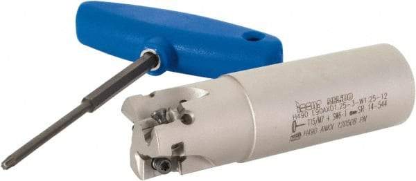 Iscar - 1-1/4" Cut Diam, 0.472" Max Depth of Cut, 1-1/4" Shank Diam, 4-1/4" OAL, Indexable Square Shoulder Helical End Mill - H490 AN.X 12 Inserts, Weldon Shank, 90° Lead Angle, Through Coolant, Series Helido - Exact Tool & Supply