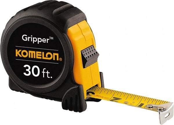 Komelon - 30' x 1" Yellow Steel Blade Tape Measure - 1/16" Graduation, Inch Graduation Style, Yellow/Black ABS Plastic Case - Exact Tool & Supply