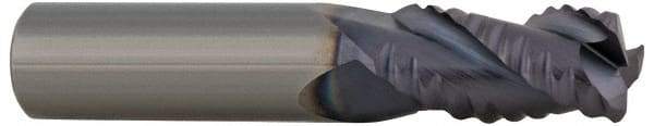 ProMax - 9/16" Diam, Coarse Pitch, 1-1/4" LOC, 4 Flute Solid Carbide 0.055-0.065" Corner Radius Roughing End Mill - TiCN Finish, 3-1/2" OAL, 9/16" Shank Diam, Single End, Centercutting, 30° Helix - Exact Tool & Supply