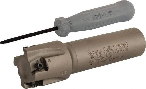 Iscar - 1" Cut Diam, 0.315" Max Depth of Cut, 3/4" Shank Diam, 3.38" OAL, Indexable Square Shoulder Helical End Mill - T490 LN.T 0804 Inserts, Weldon Shank, 90° Lead Angle, Series Helitang - Exact Tool & Supply