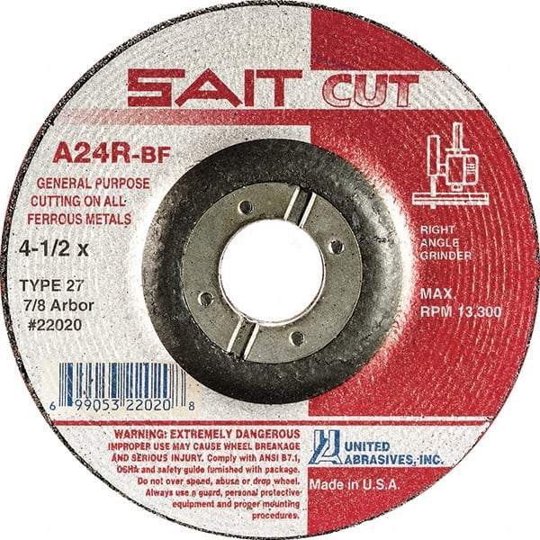 Sait - 24 Grit, 4" Wheel Diam, 1/8" Wheel Thickness, 3/8" Arbor Hole, Type 27 Depressed Center Wheel - Aluminum Oxide, Resinoid Bond, R Hardness, 13,500 Max RPM, Compatible with Angle Grinder - Exact Tool & Supply