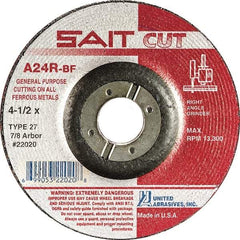 Sait - 24 Grit, 4" Wheel Diam, 1/8" Wheel Thickness, 3/8" Arbor Hole, Type 27 Depressed Center Wheel - Aluminum Oxide, Resinoid Bond, R Hardness, 13,500 Max RPM, Compatible with Angle Grinder - Exact Tool & Supply