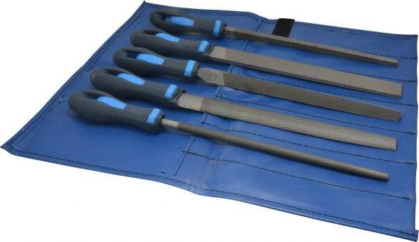 PFERD - 5 Piece American Pattern File Set - 10" Long, Second Coarseness, Ergonomic Handle, Set Includes Hand, Three Square, Square, Round, Tapered Half Round - Exact Tool & Supply