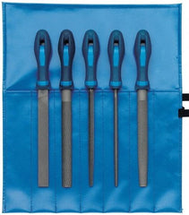 PFERD - 5 Piece American Pattern File Set - 10" Long, Bastard Coarseness, Ergonomic Handle, Set Includes Hand, Three Square, Square, Round, Tapered Half Round - Exact Tool & Supply