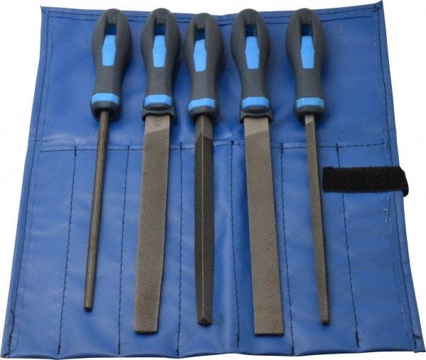 PFERD - 5 Piece American Pattern File Set - 8" Long, Bastard Coarseness, Ergonomic Handle, Set Includes Hand, Three Square, Square, Round, Tapered Half Round - Exact Tool & Supply
