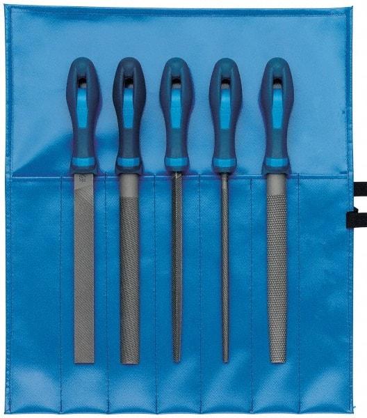 PFERD - 5 Piece American Pattern File Set - 8" Long, Bastard Coarseness, Ergonomic Handle, Set Includes Hand, Square, Half Round, Round, Wood Rasp - Exact Tool & Supply