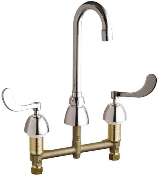 Chicago Faucets - Wrist Blade Handle, Wide Spread Bathroom Faucet - Two Handle, Educational and Healthcare Drain, Gooseneck Spout - Exact Tool & Supply