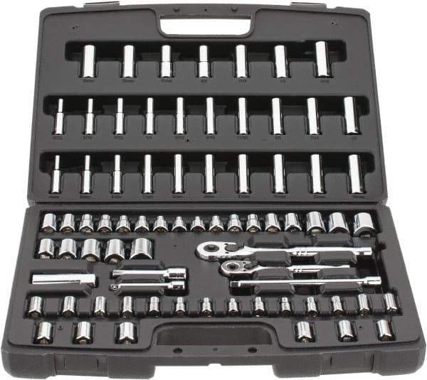 Stanley - 75 Piece 1/4 & 3/8" Drive Standard Deep Socket Set - 3/16 to 13/16", 4 to 19mm, Inch/Metric Measurement Standard - Exact Tool & Supply