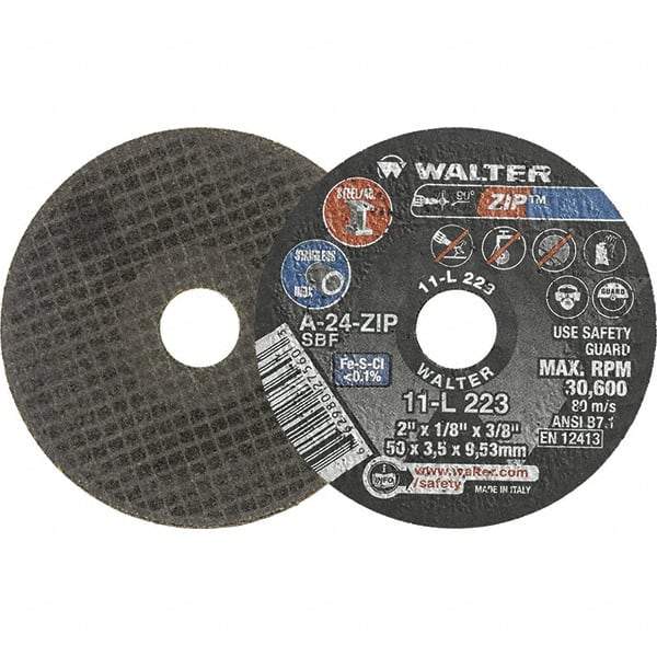 WALTER Surface Technologies - 2" 24 Grit Aluminum Oxide Cutoff Wheel - 1/8" Thick, 3/8" Arbor, 30,600 Max RPM, Use with Die Grinders - Exact Tool & Supply
