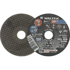 WALTER Surface Technologies - 2" 24 Grit Aluminum Oxide Cutoff Wheel - 1/8" Thick, 3/8" Arbor, 30,600 Max RPM, Use with Die Grinders - Exact Tool & Supply