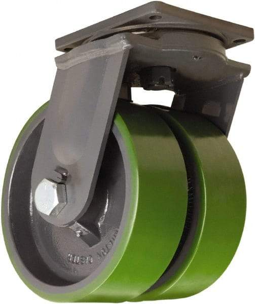 Hamilton - 12" Diam x 3" Wide x 15-1/2" OAH Top Plate Mount Dual Swivel Caster - Polyurethane Mold onto Cast Iron Center, 7,000 Lb Capacity, Straight Roller Bearing, 8-1/2 x 8-1/2" Plate - Exact Tool & Supply