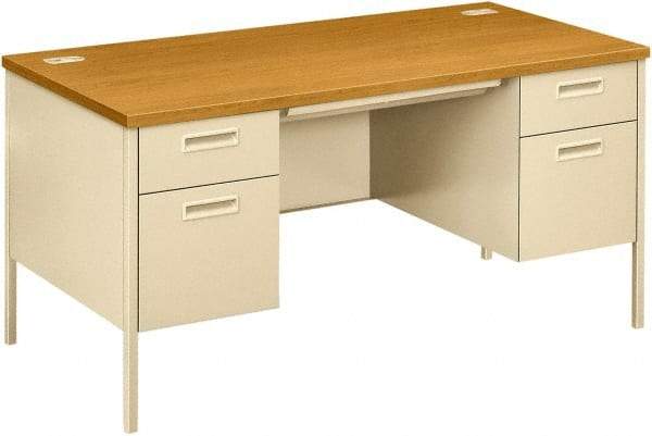 Hon - Laminate Top & Metal Base Double Pedestal Desk with Center Drawer - 60" Wide x 30" Deep x 29-1/2" High, Harvest/Putty - Exact Tool & Supply