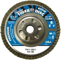 Weiler - 4-1/2" 36 Grit 5/8-11 Center Hole Type 29 Zirconia Alumina Flap Disc - Exact Tool & Supply