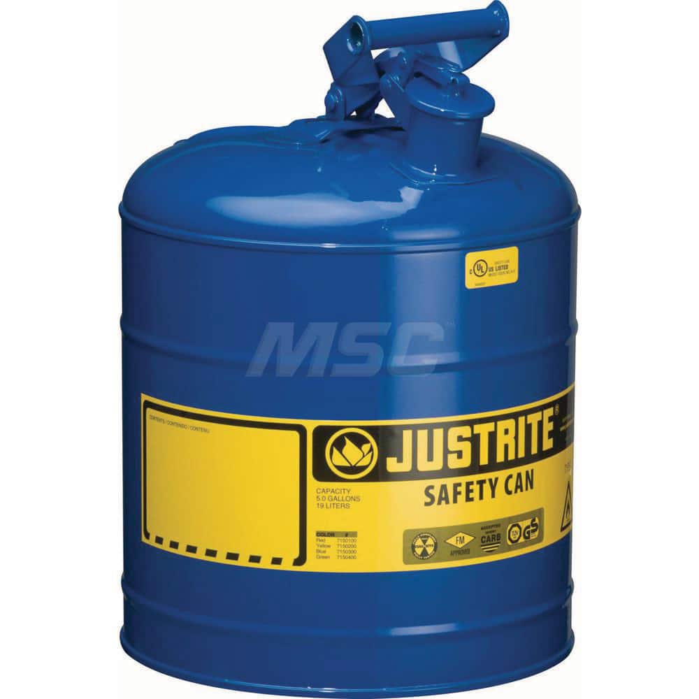 Justrite - Safety Dispensing Cans; Capacity: 5 Gal. ; Material: Steel ; Color: Blue ; Height (Decimal Inch): 16.875000 ; Diameter/Length (mm): 11.75 ; Approval Listing/Regulations: FM Approved; UL; ULC; TUV - Exact Tool & Supply