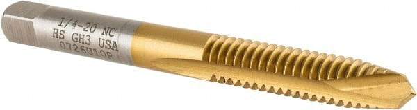 Hertel - 1/4-20 UNC, 2 Flute, TiN Finish, High Speed Steel Spiral Point Tap - Plug Chamfer, Right Hand Thread, 2-1/2" OAL, 3B Class of Fit - Exact Tool & Supply