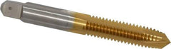 Hertel - 3/8-16 UNC, 3 Flute, TiN Finish, High Speed Steel Spiral Point Tap - Plug Chamfer, Right Hand Thread, 2-15/16" OAL, 3B Class of Fit - Exact Tool & Supply