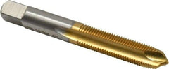Hertel - 3/8-24 UNF, 3 Flute, TiN Finish, High Speed Steel Spiral Point Tap - Plug Chamfer, Right Hand Thread, 2-15/16" OAL, 3B Class of Fit - Exact Tool & Supply