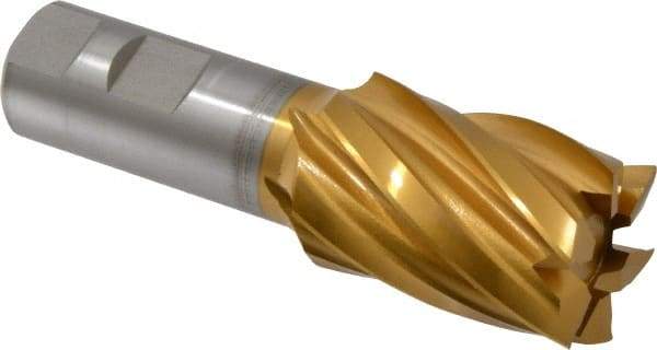 Hertel - 1-3/8", 2" LOC, 1" Shank Diam, 4-1/2" OAL, 6 Flute, High Speed Steel Square End Mill - Single End, TiN Finish, Spiral Flute, 30° Helix, Right Hand Cut, Right Hand Flute - Exact Tool & Supply