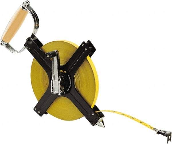 Komelon - 300' x 1/2" Yellow Steel Blade Tape Measure - 1/8" Graduation, Black Metal Case - Exact Tool & Supply