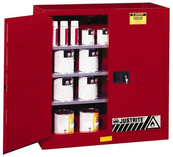 Justrite - 2 Door, 3 Shelf, Red Steel Standard Safety Cabinet for Flammable and Combustible Liquids - 44" High x 43" Wide x 18" Deep, Manual Closing Door, 3 Point Key Lock, 40 Gal Capacity - Exact Tool & Supply