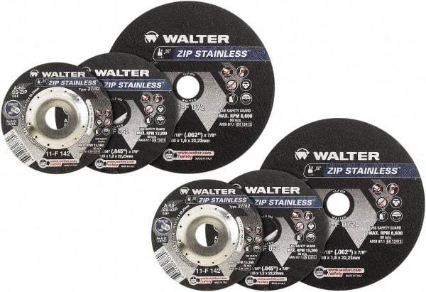 WALTER Surface Technologies - 4-1/2" Aluminum Oxide Cutoff Wheel - 3/64" Thick, 7/8" Arbor, 13,300 Max RPM, Use with Angle Grinders - Exact Tool & Supply