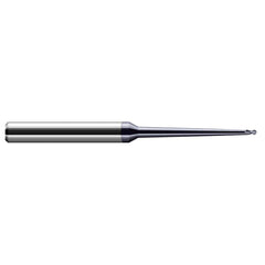 Ball End Mill: 0.02″ Dia, 0.03″ LOC, 2 Flute, Solid Carbide 4″ OAL, 1/4″ Shank Dia, 30 ° Helix, AlTiN Nano Coated, Single End