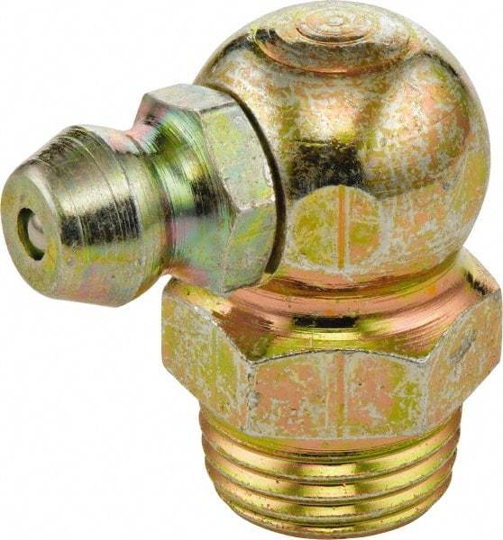Umeta - 90° Head Angle, 1/4-19 BSPT Brass Standard Grease Fitting - 14mm Hex, 22mm Overall Height, 6.5mm Shank Length - Exact Tool & Supply