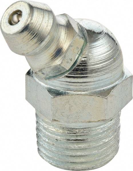 Umeta - 45° Head Angle, 3/8-18 PTF Steel Standard Grease Fitting - 17mm Hex, 25.5mm Overall Height, 7mm Shank Length, Zinc Plated Finish - Exact Tool & Supply