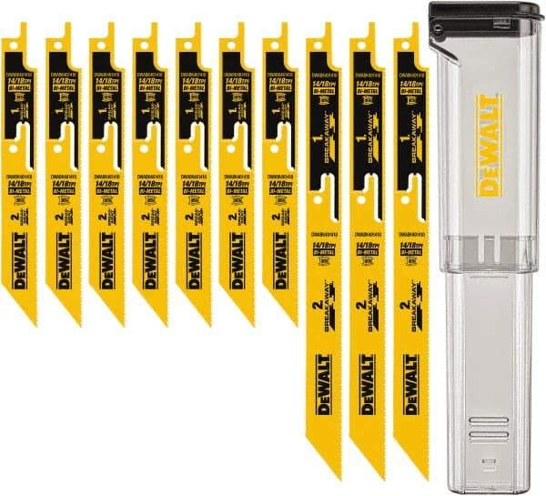 DeWALT - 10 Pieces, 6" to 9" Long x 0.04" Thickness, Bi-Metal Reciprocating Saw Blade Set - Straight Profile, 10-14 to 18 Teeth, Toothed Edge - Exact Tool & Supply