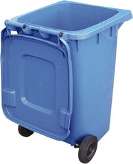 Vestil - 64 Gal Blue Rectangle Trash Can - Polyethylene, None Graphic, 39-15/16" High x 28-1/2" Long x 23-1/2" Wide, Lid Included - Exact Tool & Supply