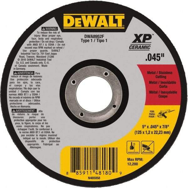DeWALT - 5" Ceramic Cutoff Wheel - 0.045" Thick, 7/8" Arbor, 12,200 Max RPM, Use with Angle Grinders - Exact Tool & Supply