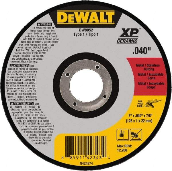 DeWALT - 5" Ceramic Cutoff Wheel - 0.04" Thick, 7/8" Arbor, 12,200 Max RPM, Use with Angle Grinders - Exact Tool & Supply