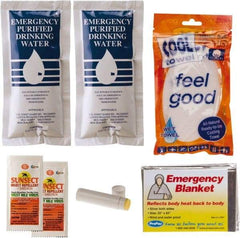 PRO-SAFE - Emergency Preparedness Kits Type: Cool Down Emergency Kit Contents: (2) Emergency Drinking Water Packets; (2) Sunscreen + Insect Repellant Cream; Cooling Towel; Emergency Mylar Blanket; Lip Balm - Exact Tool & Supply