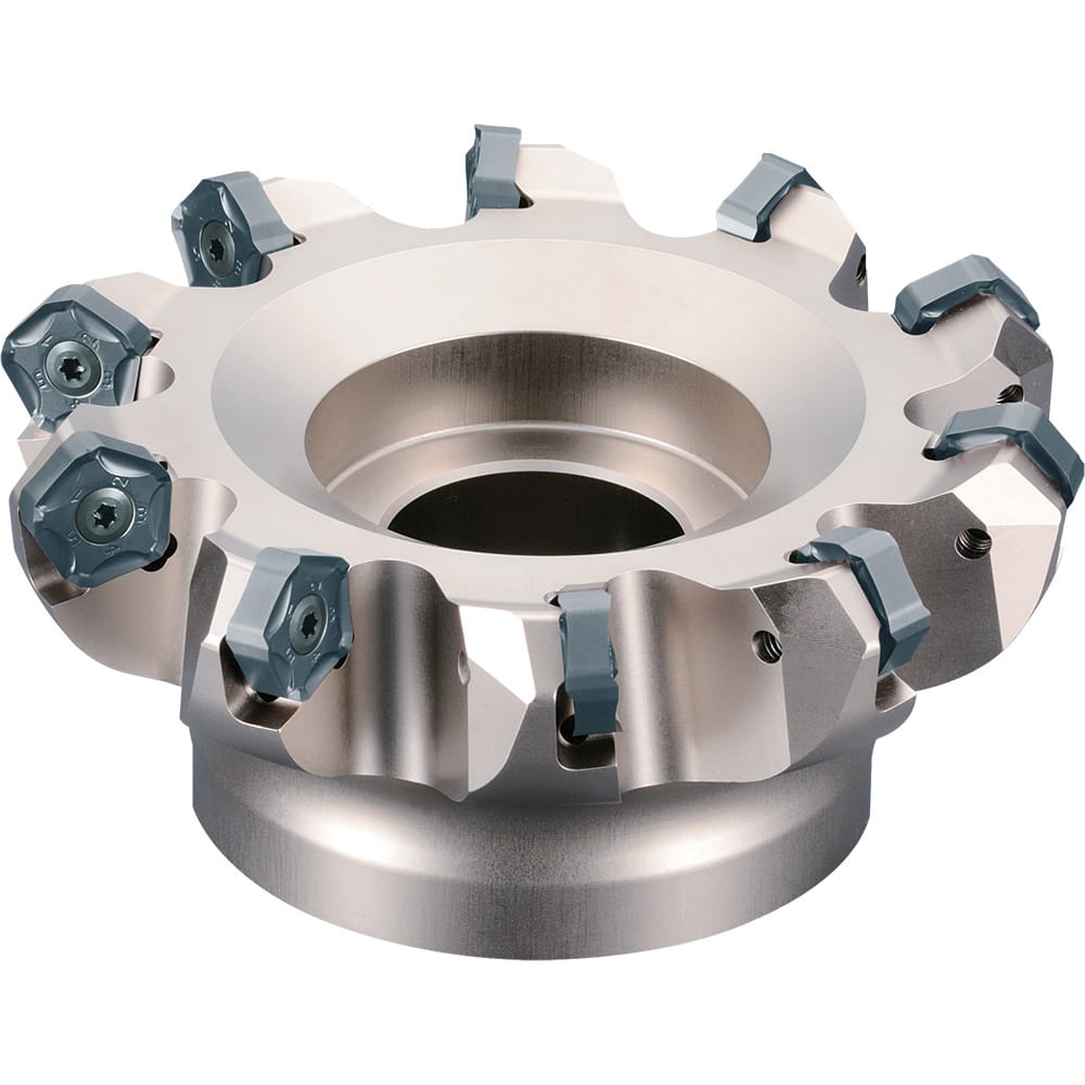 Kyocera - Indexable Chamfer & Angle Face Mills; Cutting Diameter (Inch): 2 ; Arbor Hole Diameter (Inch): 0.75 ; Hole Thread Size: 3/8-24 ; Lead Angle: 45 ; Overall Height (mm): 50.00 ; Insert Compatibility: PNMU1205ANER?; PNEU1205ANER? - Exact Tool & Supply