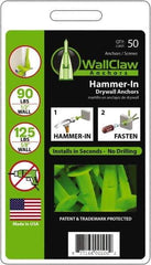 WallClaw Anchors - #8 Screw, 1/2" Diam, 2" Long, 1/4" Thick, Hammer-In Drywall & Hollow Wall Anchor - Nylon, Use with Drywall & Hollow Wall - Exact Tool & Supply
