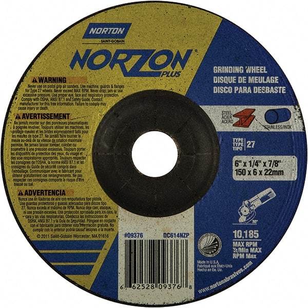 Norton - 20 Grit, 6" Wheel Diam, 1/4" Wheel Thickness, 7/8" Arbor Hole, Type 27 Depressed Center Wheel - Extra Coarse Grade, Ceramic, 10,185 Max RPM - Exact Tool & Supply