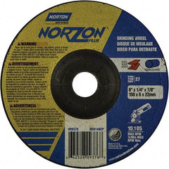 Norton - 20 Grit, 6" Wheel Diam, 1/4" Wheel Thickness, 7/8" Arbor Hole, Type 27 Depressed Center Wheel - Extra Coarse Grade, Ceramic, 10,185 Max RPM - Exact Tool & Supply
