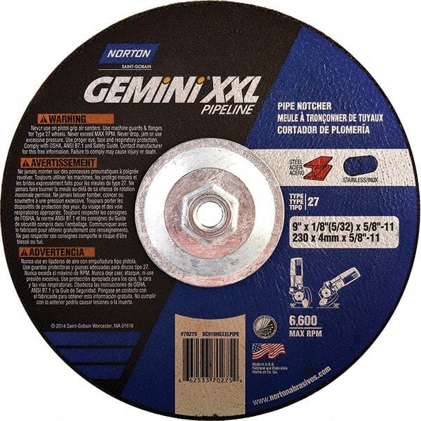 Norton - 30 Grit, 9" Wheel Diam, 1/8" Wheel Thickness, Type 27 Depressed Center Wheel - Extra Coarse Grade, Aluminum Oxide, 6,600 Max RPM - Exact Tool & Supply
