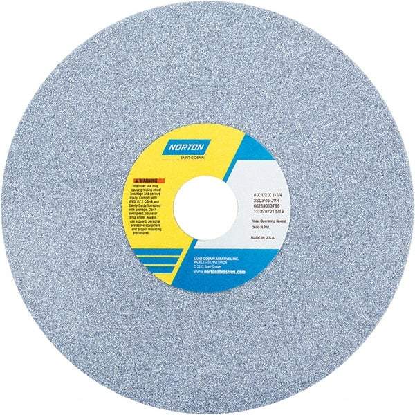 Norton - 8" Diam x 1-1/4" Hole x 1/2" Thick, J Hardness, 46 Grit Surface Grinding Wheel - Ceramic, Type 1, Coarse Grade, 3,600 Max RPM - Exact Tool & Supply