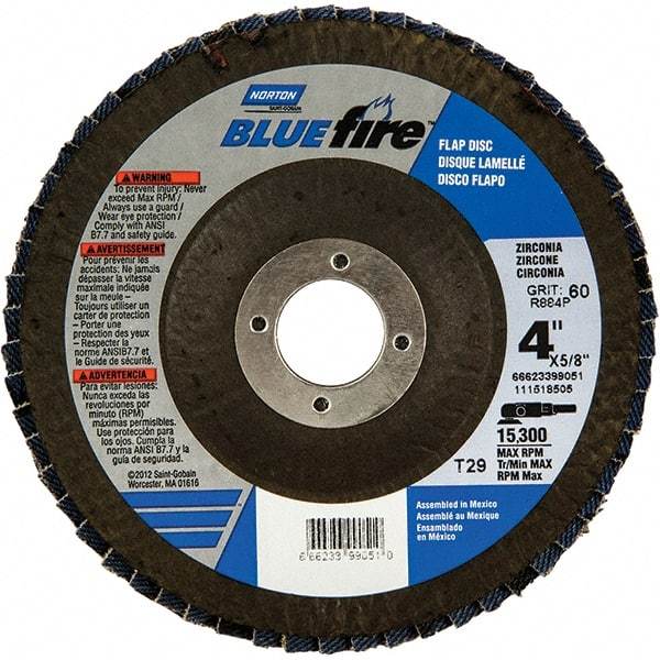 Norton - 60 Grit, 4" Disc Diam, 5/8" Center Hole, Type 29 Zirconia Alumina Flap Disc - 15,300 Max RPM, Fiberglass Backing, Arbor Attaching System, Coated - Exact Tool & Supply