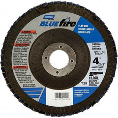 Norton - 60 Grit, 4" Disc Diam, 5/8" Center Hole, Type 29 Zirconia Alumina Flap Disc - 15,300 Max RPM, Fiberglass Backing, Arbor Attaching System, Coated - Exact Tool & Supply