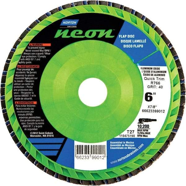 Norton - 80 Grit, 6" Disc Diam, 7/8" Center Hole, Type 27 Zirconia Alumina Flap Disc - 10,200 Max RPM, Polyester Backing, Arbor Attaching System, Coated - Exact Tool & Supply