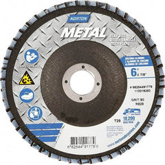 Norton - 80 Grit, 6" Disc Diam, 7/8" Center Hole, Type 29 Zirconia Alumina Flap Disc - 10,200 Max RPM, Fiberglass Backing, Arbor Attaching System, Coated - Exact Tool & Supply